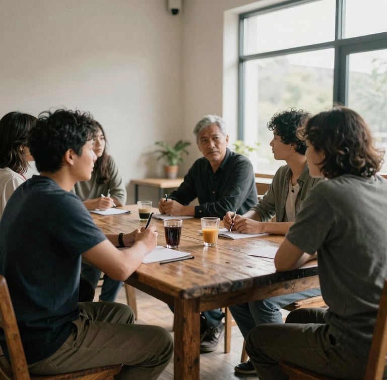 A collaborative meeting around a rustic wooden table in a sunlit community center, architectural details visible, soft natural morning light, muted earth tones.