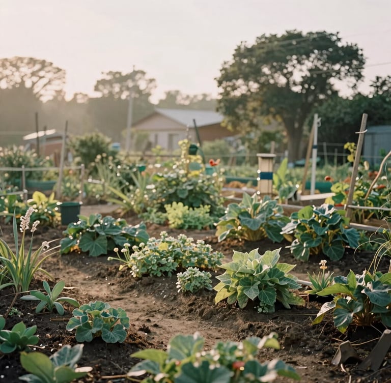 A quiet morning view of a community garden with soft morning light filtering through trees, warm editorial style, muted earth tones, medium format film