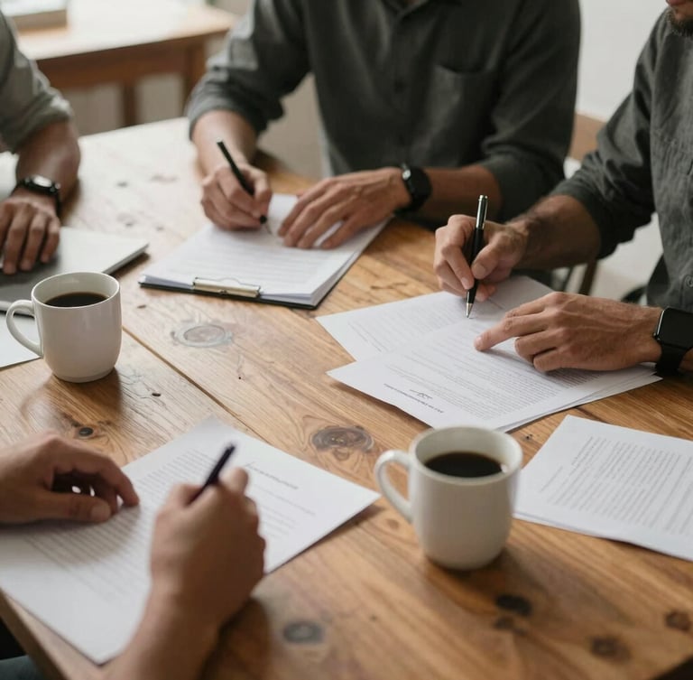 A hands-on collaborative meeting around a rustic wooden table with documents and coffee cups, soft natural morning light, warm editorial photography, muted earth tones