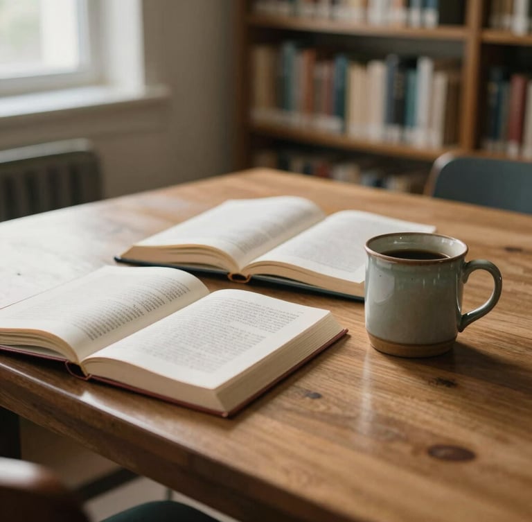 Soft natural morning light illuminating a wooden table in a quiet community library, open books and a ceramic mug, warm editorial photography, documentary style