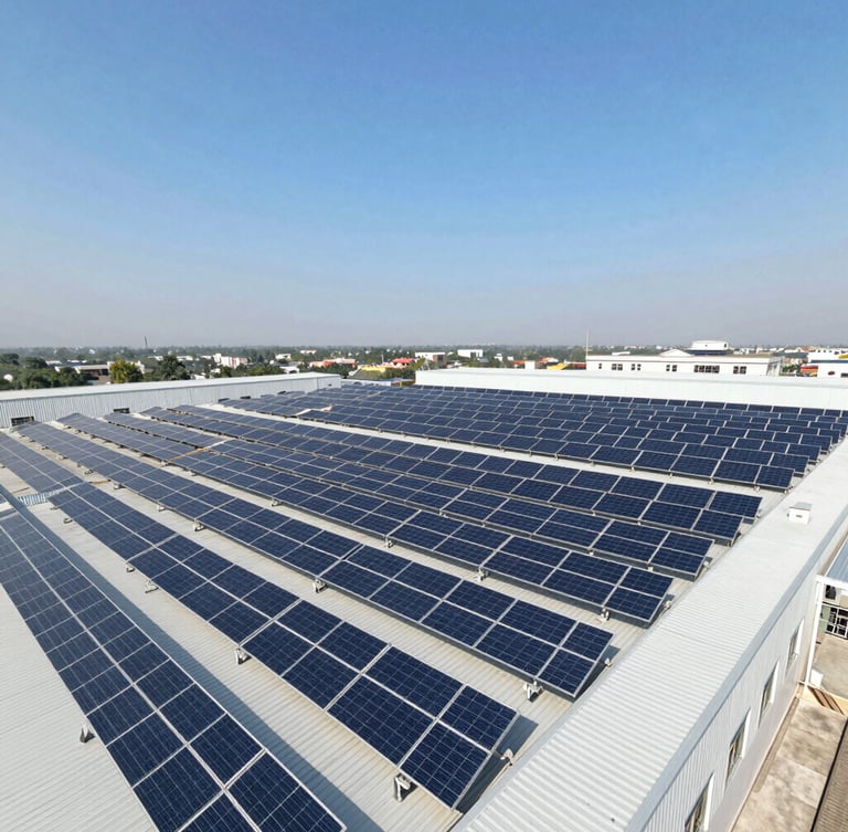 Wide-angle drone shot of a massive industrial solar array installed on a factory roof in Pakistan, bright direct sunlight, deep blue and metallic silver tones.
