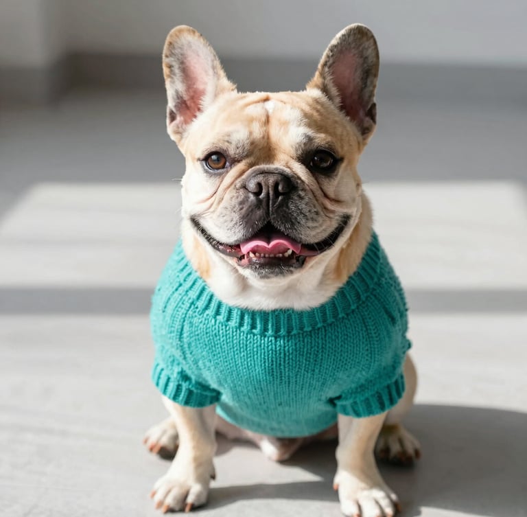 A joyful French Bulldog wearing a vibrant teal hand-knitted sweater, sitting comfortably at eye-level on a light gray floor, warm natural afternoon light, shallow depth of field, 35mm