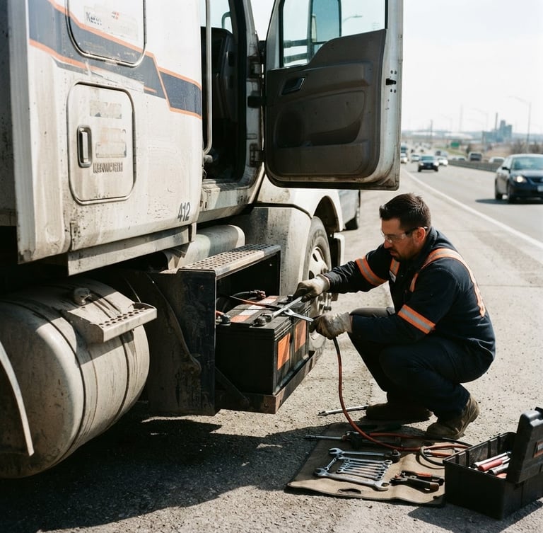 Wide shot of a Elito Battery Australia technician installing a heavy-duty truck battery in a commercial fleet vehicle, high-contrast outdoor daylight, sharp focus, 35mm, gritty automotive photography, deep navy and electric orange tones, technician is on the right third, vehicle is on the left two thirds.