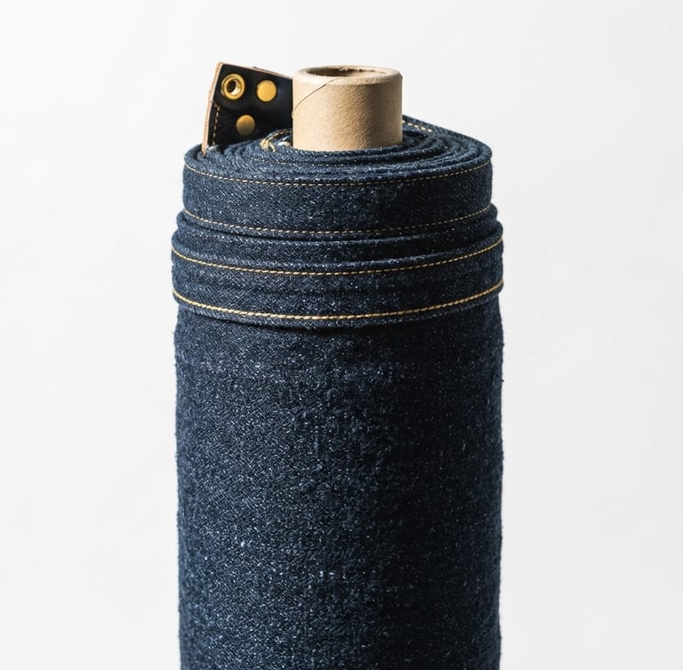 High-contrast studio fashion photography, sharp focus on a roll of premium raw denim fabric, golden hardware accents, minimalist white backdrop, 85mm