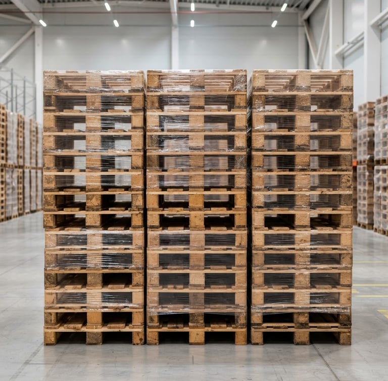 Straight-on technical view of neatly stacked export-ready shipping pallets inside a clean, modern warehouse, sharp focus, high-contrast lighting
