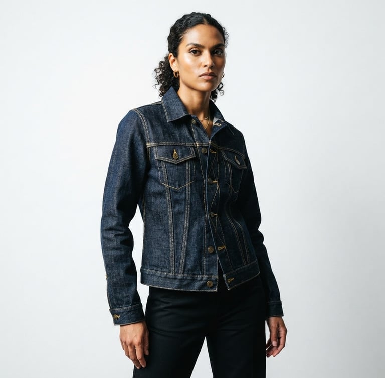High-contrast studio fashion photography, sharp focus on a model wearing an engineered denim jacket with visible heavy gold stitching, minimalist white backdrop, 85mm