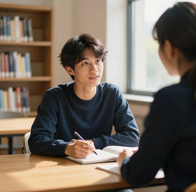 A focused student in a warm, sunlit library discussing global university pathways with an advisor, over-the-shoulder view, soft natural window light, deep navy and gold accents, shallow depth of field, 35mm