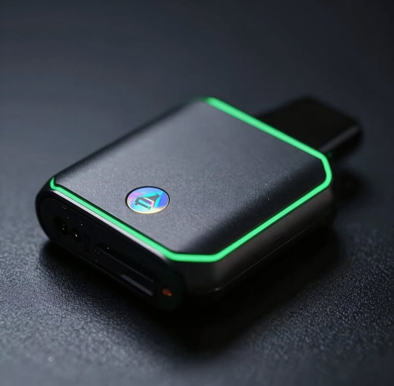 Sleek close-up of a modern vape device with a holographic authenticity seal, resting on a dark metallic surface, moody low-key studio lighting, neon green rim light