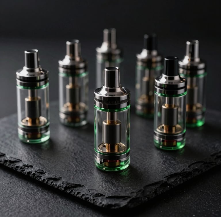Macro close-up of a sleek glass vape tank and premium coils arranged neatly on a dark slate surface, subtle green rim light, sharp details
