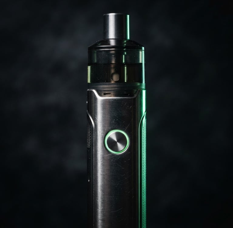 Sleek metallic vape hardware close-up, dark moody product photography, dramatic low-key studio lighting, neon green rim light, sharp macro details, 50mm