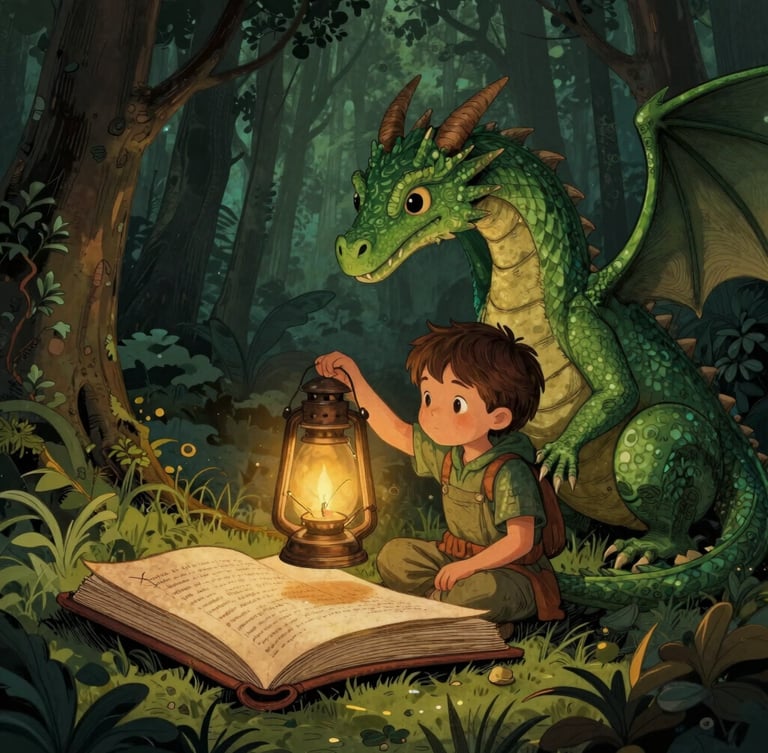 Enchanted storybook illustration of a young child in a forest holding a glowing wooden lantern, looking at a friendly green dragon, soft candle-light, hand-inked details, rich parchment texture