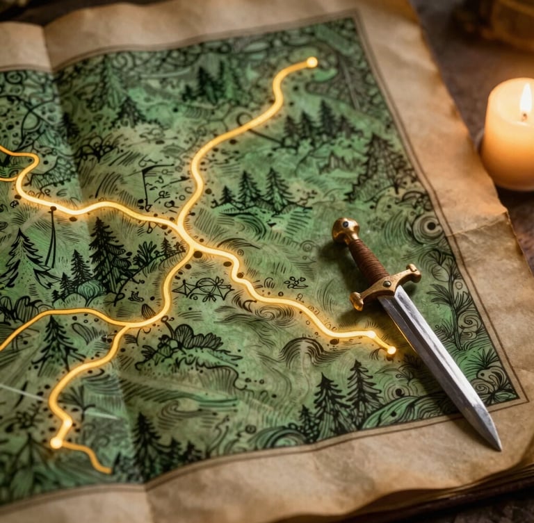 A hand-inked medieval parchment map with glowing gold pathways, a tiny wooden sword resting on the corner, warm candle-light glowing from the side, enchanted storybook style, rich texture