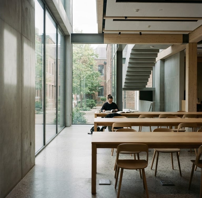 Wide environmental 35mm photograph of a modern architectural learning space, natural window daylight casting soft shadows on concrete walls, clean lines, minimalist study tables with a researcher reading in the background.