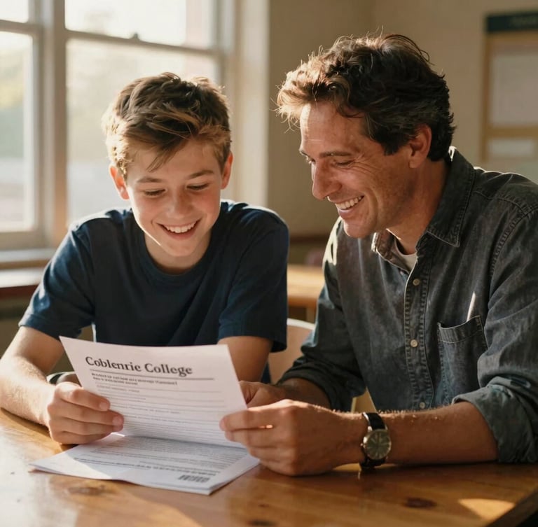 A mentor and a teenage boy laughing together while looking over a college application on a wooden table, warm golden-hour sunlight pouring through a window, shallow depth of field, 35mm film look.