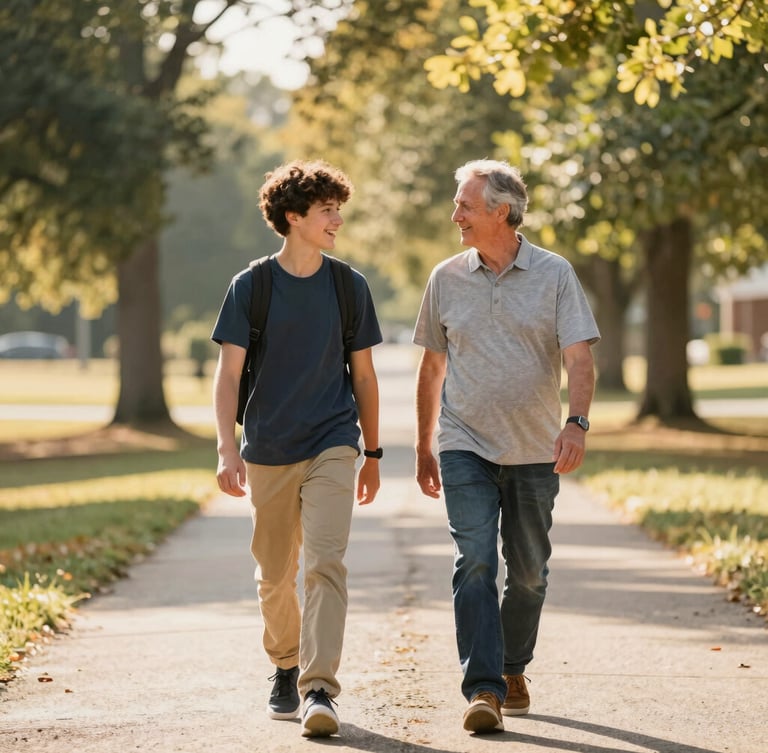 A warm, sun-drenched outdoor shot of a mentor and youth walking together along a tree-lined path in Georgia, soft window daylight, hopeful tones