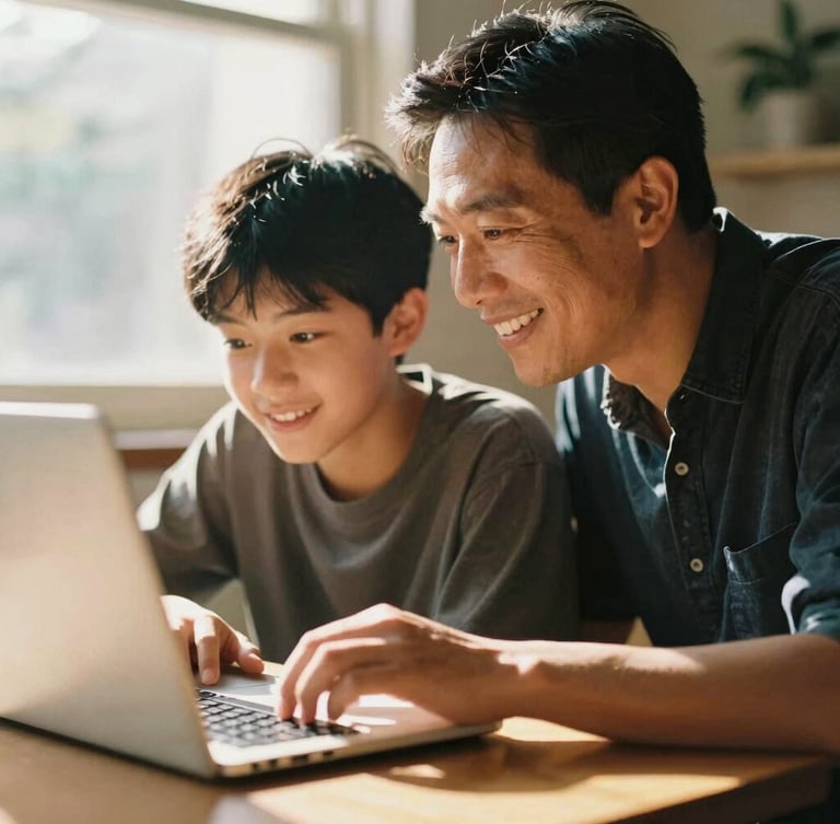 A warm, sun-drenched close-up of an adult mentor and a teenager working on a laptop together at a wooden table, soft window daylight, hopeful expressions, 35mm film look.