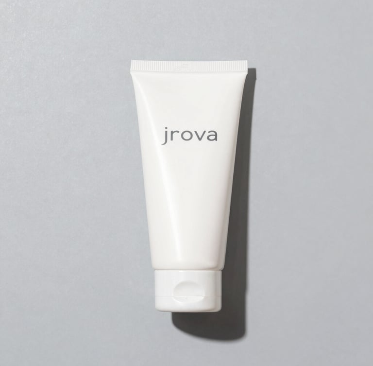 Straight-on flat-lay of Jrova product on a neutral gray background under bright, even studio light, sharp focus, high clarity.