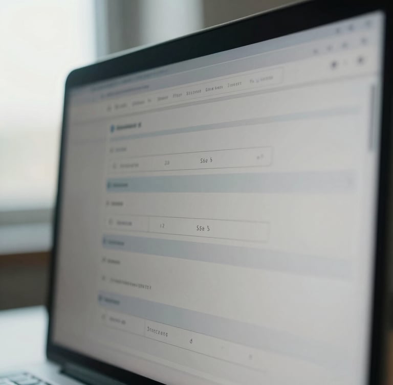 Close-up of a screen showing clean abstract UI elements with data filters, soft natural window light, cool muted tones, shallow depth of field, modern academic setting.