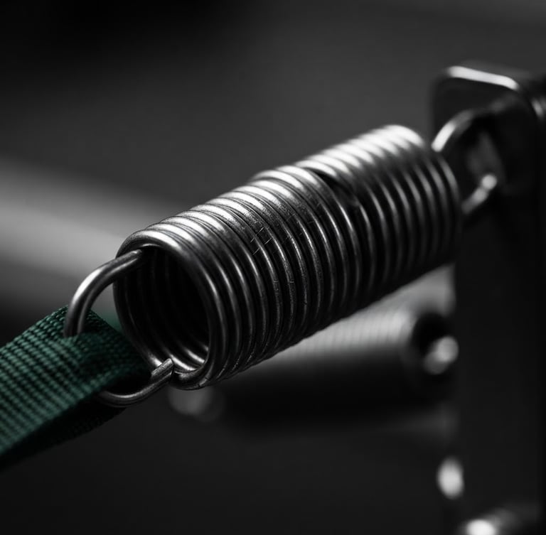 Macro close-up of high-tensile steel Pilates springs, clean minimalist studio lighting, high-contrast black and white with subtle green accents, 50mm