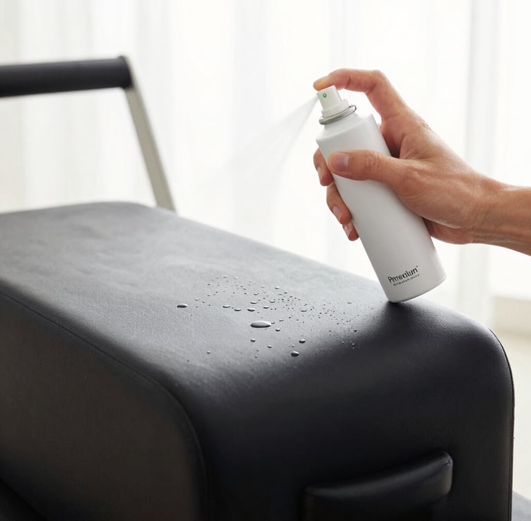 Macro close-up of hands applying premium spray mist onto a flawless black leather Pilates carriage, soft studio lighting, water droplets bead on the pristine surface, 50mm