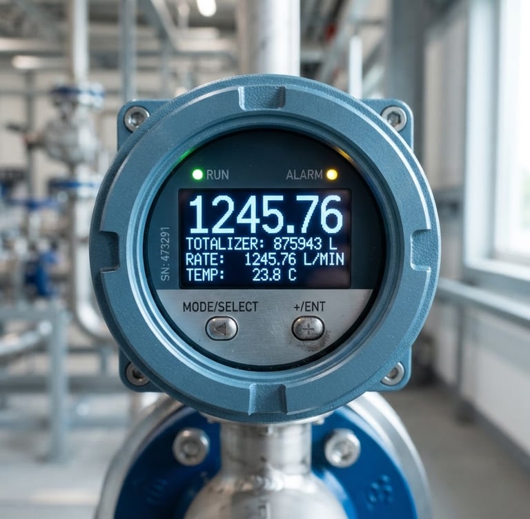 Macro photograph of a high-precision digital flow meter interface, crisp steel-blue casing, glowing digital readings, clean industrial environment, sharp focus, 50mm lens.