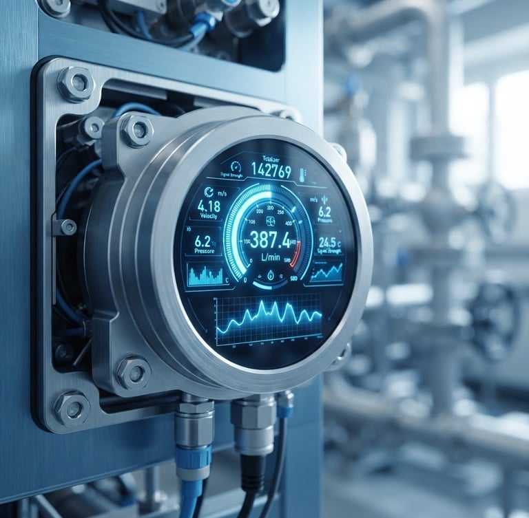 Macro shot of a high-precision digital flow meter interface displaying active telemetry, cool blue steel tones, bright clean industrial indoor lighting, 50mm lens