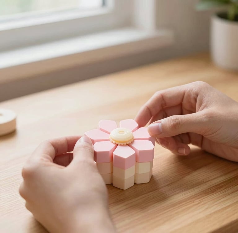A close-up portrait of hands gently assembling a pastel pink block flower on a warm wooden table, soft morning window light, shallow depth of field, 35mm