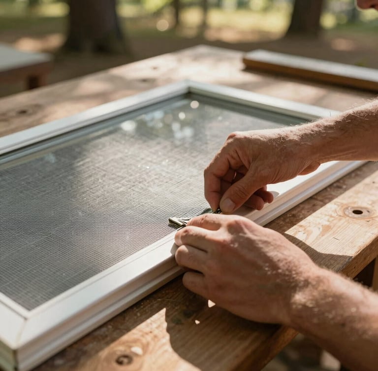 Close-up of hands repairing a window screen on a wooden work table, warm Oklahoma afternoon daylight filtering through trees.