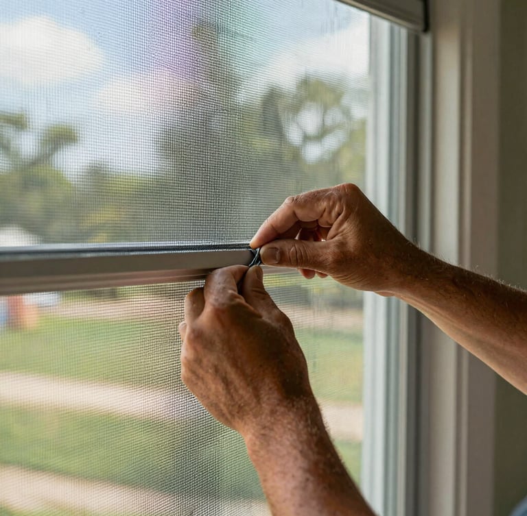 A close-up of a craftsman's hands carefully installing a clean window screen on an Oklahoma home during bright daylight