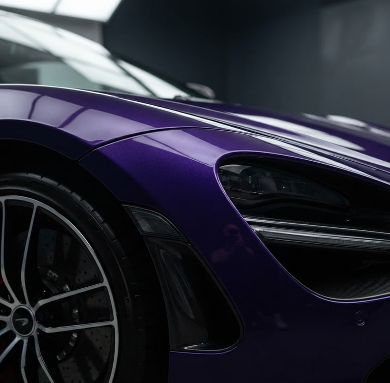 Sleek close-up of a luxury sports car fender with pristine deep purple metallic paint, soft studio light reflecting on curves, high-contrast specular highlights