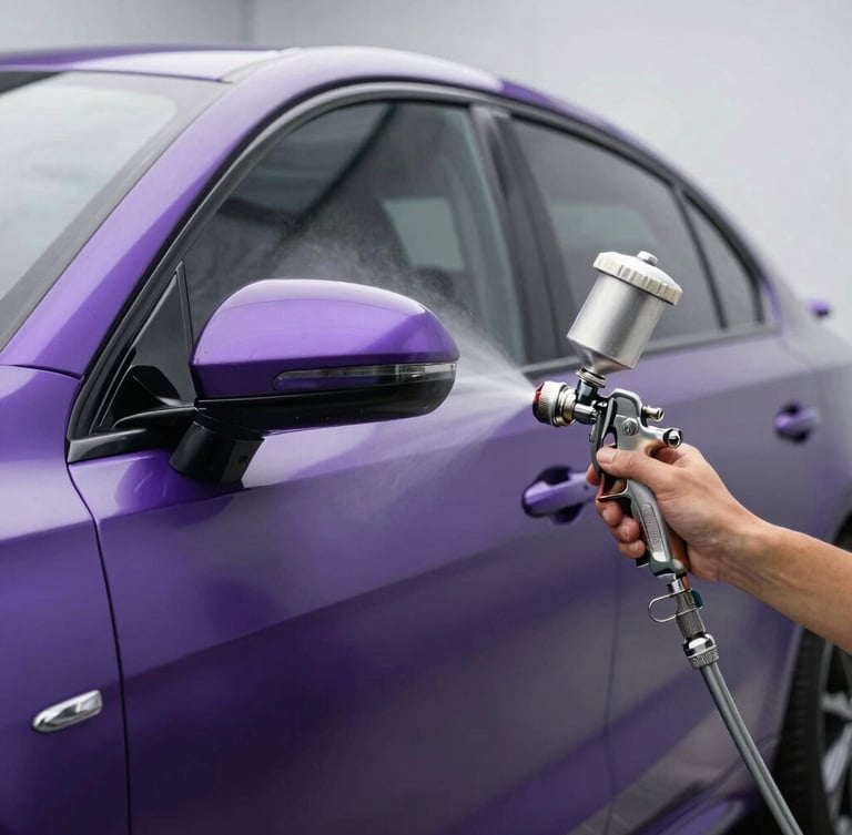 Close-up of a professional master painter in a clean-room cabin spraying a metallic purple car door with a premium spray gun, soft diffused lighting, focus on the atomized paint mist