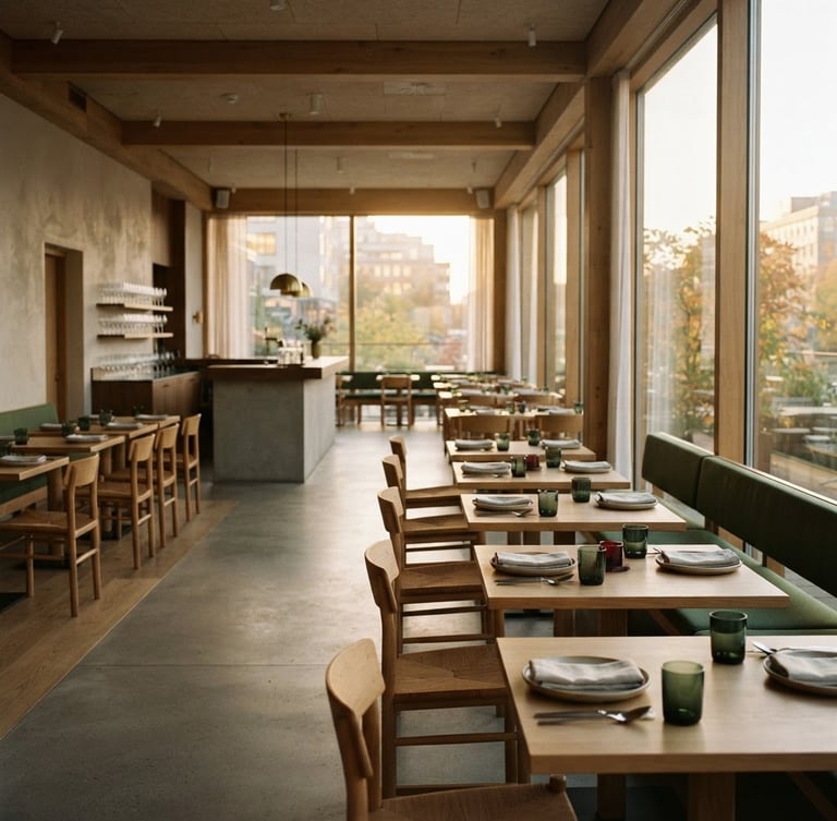Wide panoramic Scandinavian-style restaurant interior at golden hour, minimalist design, warm lighting, empty tables, focus on clean lines and natural materials, sunlight streaming through large windows, soft north-facing daylight.