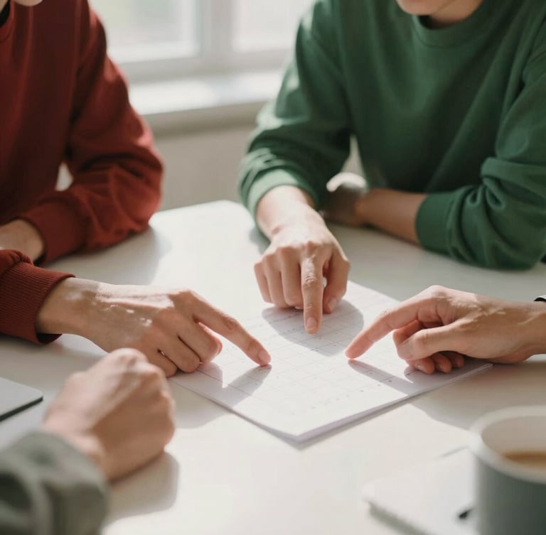 Collaborative agency meeting in a sunlit, minimalist Scandinavian-style office, hands pointing at a content calendar, soft north-facing daylight, shallow depth of field, rich crimson and forest green tones