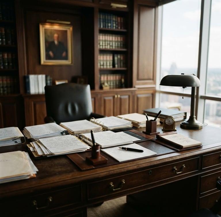 Sober corporate office interior with deep wood and brass accents, focusing on a large executive desk with legal documents, soft natural light from a large window on the right, shallow depth of field.