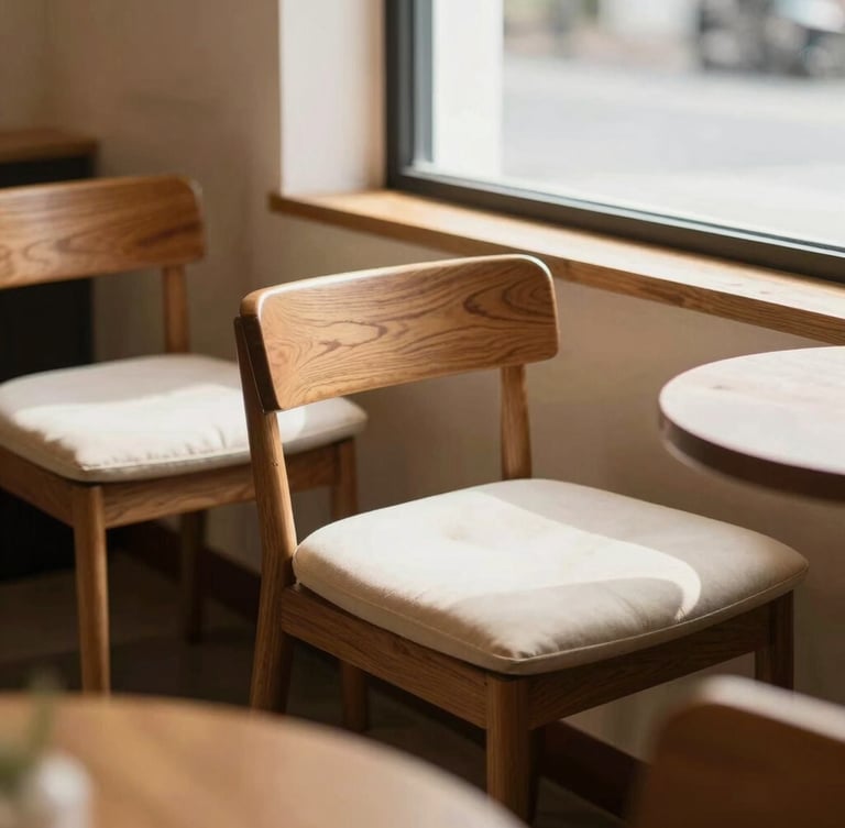 A warm editorial photograph of a cozy café corner, soft natural window light streaming across comfortable wooden chairs and cream cushions, shallow depth of field