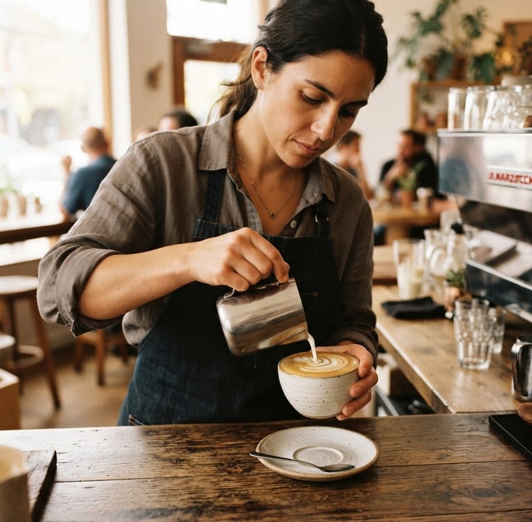 Warm editorial photography of a barista pouring latte art into a ceramic cup, soft morning window light, rich coffee brown tones, shallow depth of field