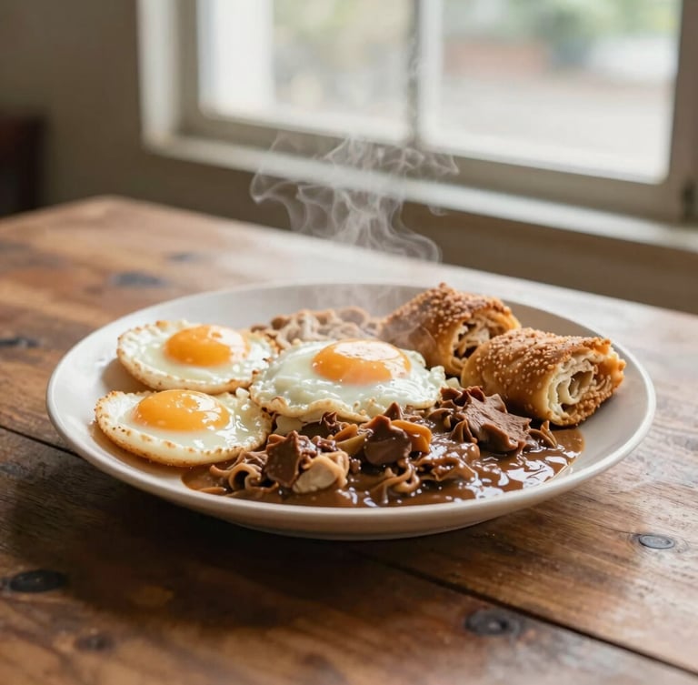 Warm editorial photography of a steaming plate of local Malaysian breakfast on a rustic wooden table, soft natural window light, inviting warm tones
