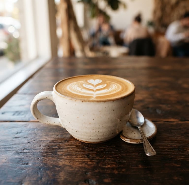 Warm editorial photography of a freshly poured latte with elegant art on a dark wooden table, soft natural window light, rich cream and coffee brown tones, shallow depth of field
