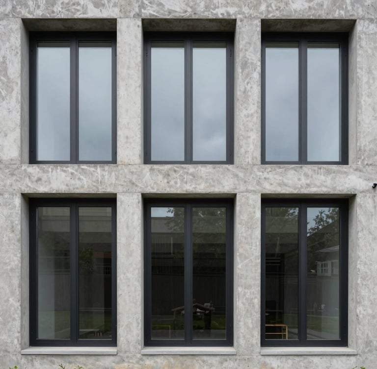 Straight-on 1-point perspective of a modern concrete residence facade, large-span windows with matte black aluminum frames, overcast daylight highlighting matte textures