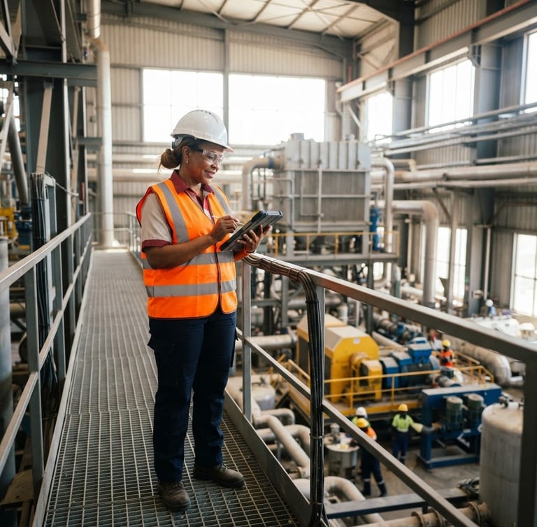 Professional corporate photography, bright natural daylight, a senior African auditor in a high-visibility orange vest and white hard hat inspecting a modern industrial plant in Senegal, 35mm focus