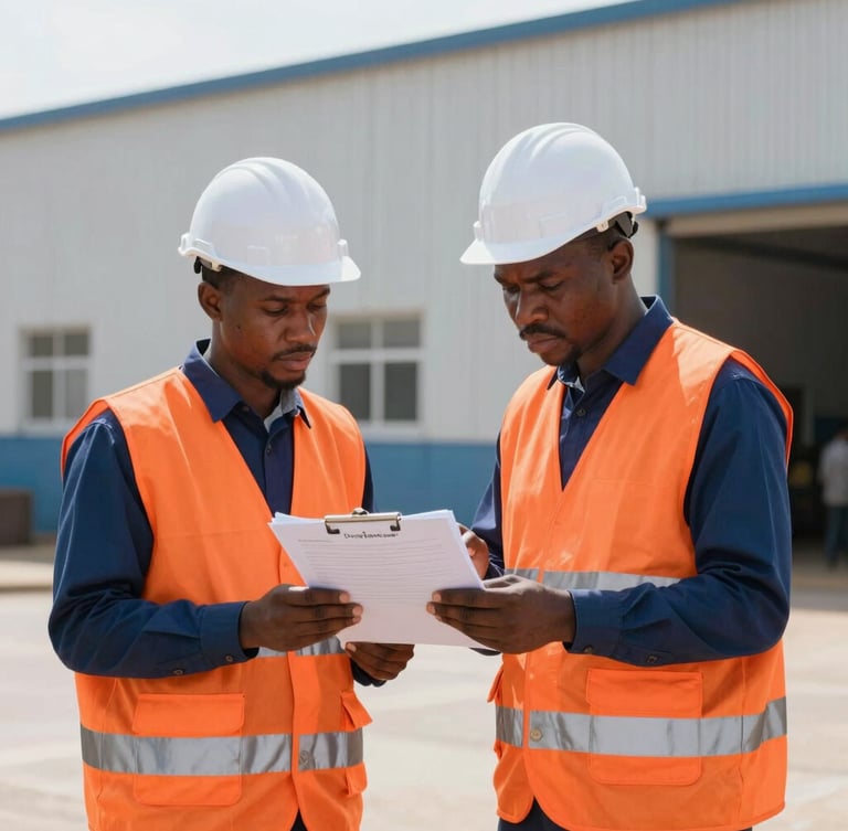 Professional industrial safety audit in Dakar, an inspector in high-visibility orange vest reviewing a checklist with an engineer, sharp focus, natural daylight