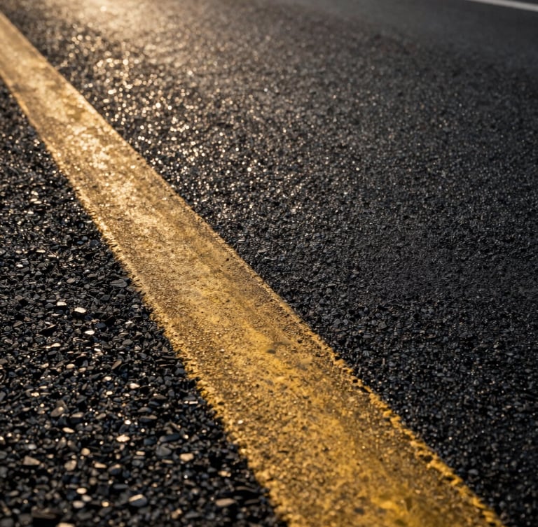 Tight macro shot of freshly laid black asphalt road texture, clean painted yellow line marking on the side, warm late-afternoon South African sun glinting off the aggregate.