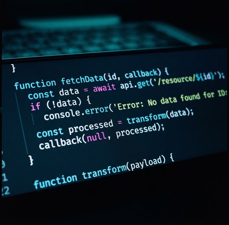 Tight macro shot of structured code on a high-resolution screen in a dark room, cool neon-cyan ambient glow, sharp focus, 35mm