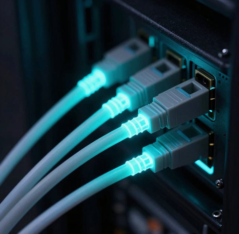 Macro detail of glowing cyan fiber optic cables in a dark server rack, sharp focus, low-key technical photography