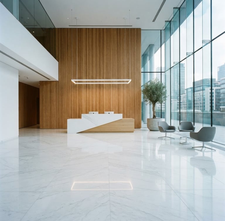 Minimalist architectural photography of a bright modern corporate office lobby, cool daylight, sharp focus, clean marble floor, 35mm