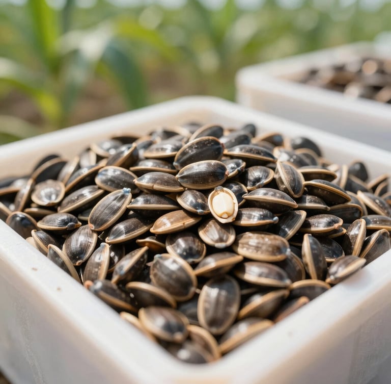 Close-up of healthy castor seeds in a clean agricultural trading environment, bright natural daylight, sharp focus, editorial 35mm