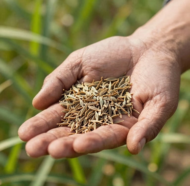 Close-up of healthy cumin seeds held in a farmer's hand, bright natural daylight, sharp focus, vibrant agricultural greens and earth tones, editorial 35mm