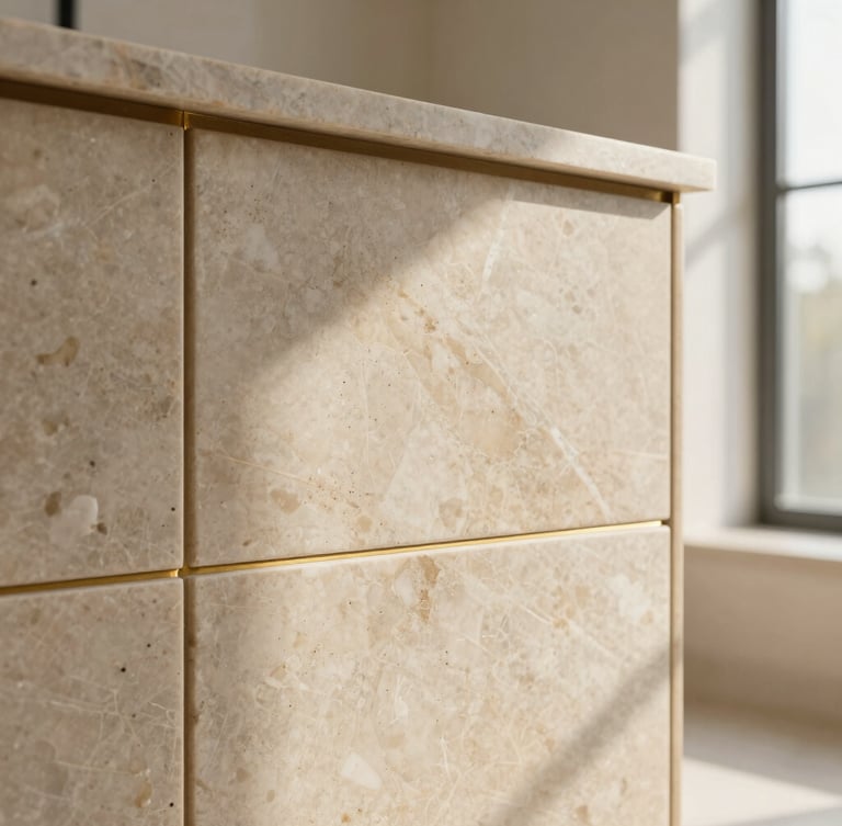 Waist-level architectural detail shot of hand-laid matte travertine tiles, elegant brass grout joints, warm natural light highlighting the rich stone texture