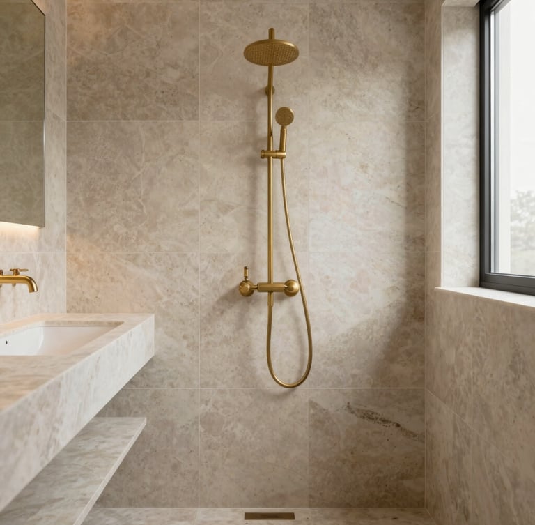 Straight-on architectural photograph of a high-end master bathroom, warm travertine tiles, matte brass fixtures, soft natural light from a side window, waist-level perspective