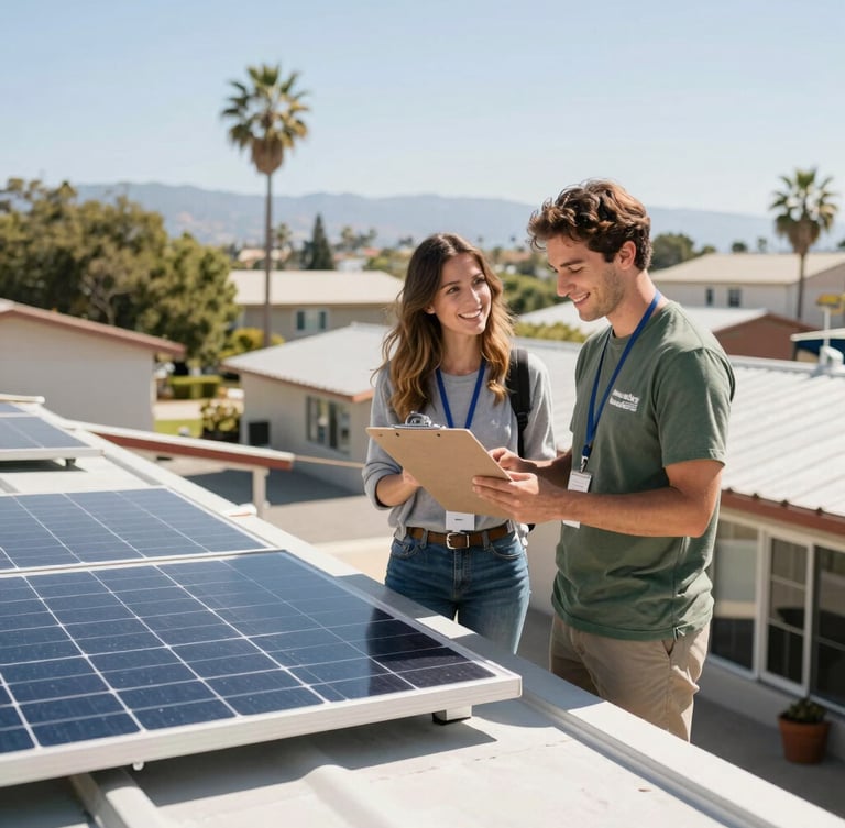 A sunny community center roof with newly installed solar panels, a local advocate and a volunteer smiling while looking at a clipboard, bright California sunlight, 35mm lens.